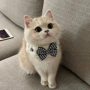 Gato Crochet Bow Tie Collar Cachecol De Malha Bonito Xadrez Pet Lã Bandana Collar Com Flor Bell Gato Colar