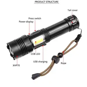 Waterproof Bright Camping Light USB Rechargeable Battery Zoom Aluminum Alloy Tactical Torch XHP70 LED COB Flashlight