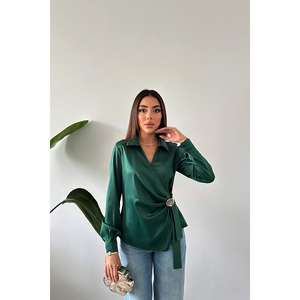 Blusa de Satén con Detalle de Botones Esmeralda, Estilo Vintage a Cuadros, Sólida, Formal para Uso Diario, Primavera, Verano, Otoño, Talla XL, con Encaje para Oficina - Product Image 5