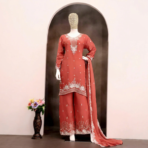 Salwar Kameez Rojo de Algodón para Mujer con Bordado, Corte Holgado, Largo hasta el Tobillo, Ropa Tradicional India y Pakistaní para Bodas - Product Image 1