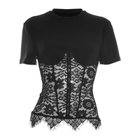 Viviblook Y25TP579 Nouveau haut court sexy pour femmes, vêtements d'été, col rond, dentelle transparente, patchwork en dentelle