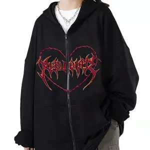 Y2k Gothic Millennium Femmes Coeur Impression Zipper Hoodie Oversize Cardigan Hoodie Jacket