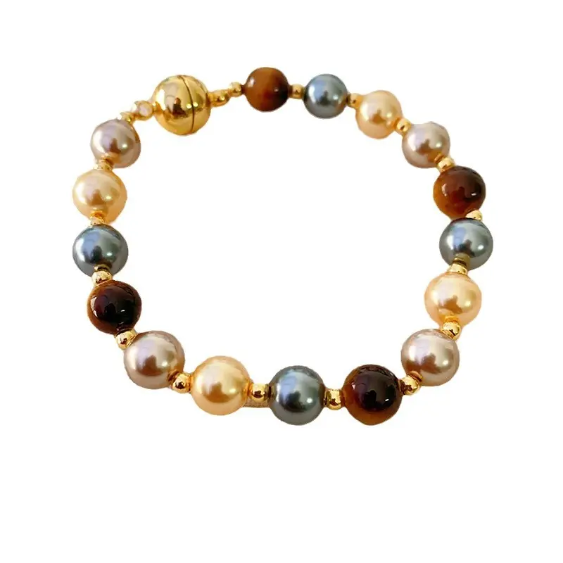 Fashionable 8mm Colorful Pearl Tiger Stone Beaded Magnetic Lock Necklace with Small and Elegant Light Luxury Bracelet