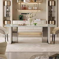 Table à manger rectangulaire moderne avec plateau en marbre, pieds en cuir et en métal, adaptée aux restaurants, hôtels et villas