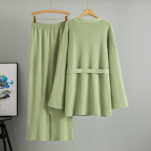 Ensemble pull tricoté et jupe longue pour femme, cardigan ample à col en V, tenue deux pièces respirante pour le printemps, style décontracté - Product Image 2