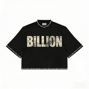 Camiseta para Hombre Personalizada 100% Algodón, Extragrande, Hombro Caído, Corte Recto, Gruesa, Corta, Estilo Vintage, con Pedrería y Efecto Desgastado - Product Image 2
