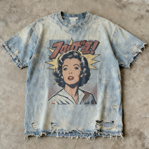 T-shirt Personalizzata Strappata e Usurata con Stampa, 100% Cotone Lavato con Acido per un Effetto Vintage Sbiadito e Consumato. - Product Image 1