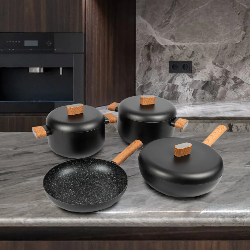 10 pièces Design moderne antiadhésif marbre granit moulé sous pression en aluminium batterie de cuisine Compatible cuisinière à Induction tables de cuisson électriques en céramique