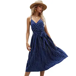 Fashion v neck spaghetti strap summer elegant casual dresses wave point plus size dress for women