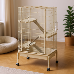 Jaula para Animales Pequeños de 4 Niveles, 47 Pulgadas, de Metal Beige, con Bandeja con Ruedas, Rampas, Botella de Agua, Plato para Comida, para Uso en Interiores - Product Image 2