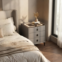 Table de chevet moderne minimaliste en bois massif nordique à trois tiroirs, plateau en verre trempé, sur mesure, multifonctionnelle, rangement pour chambre à coucher