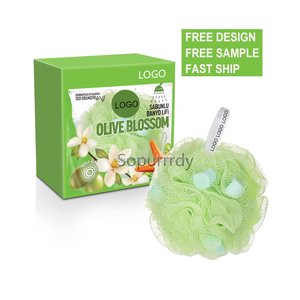 Logo personnalisé douche bouffée de bain savon éponge luffa <span class=keywords><strong>Loufa</strong></span> corps lavage boule maille pouf épurateur bain gant de toilette avec savon fleur d'olivier - Product Image 1