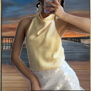 Women's Casual Sleeveless Soft Touch Halter <b>Blouse</b> Tank Top Summer Brand Beach <b>Satin</b> Polyester - Product Image 2