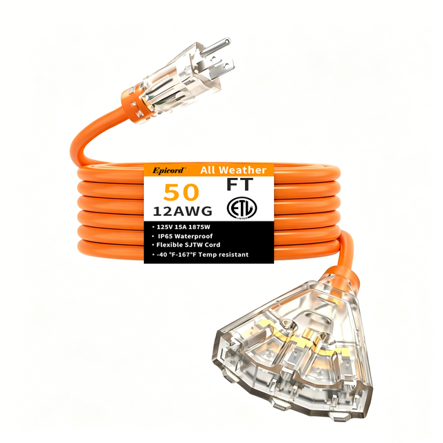Heavy Duty Extension Cord 12/3 SJTW Waterproof 3 Way Splitter Power Cables Outdoor Electrical Supplies with LED Light