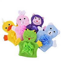 Gants de bain double usage pour enfants, motif animaux de dessin animé, en maille moussante, en polyester, vente en gros, 16 couleurs, directement de l'usine