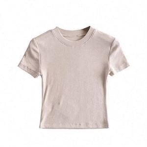 Haut côtelé moulant à manches courtes pour femme, col rond, coupe ajustée, basique, décontracté, pour le sport et le yoga - Product Image 4