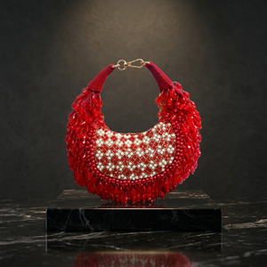 Bolso de Noche de Media Luna Bordado de Alta Calidad con Cuentas, Asa de Anillo, Hecho a Mano, Cierre de Cremallera con Cuentas Rojas, Elegante Bolso de Fiesta - Product Image 2