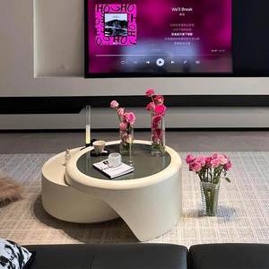 <span class=keywords><strong>Table</strong></span> <span class=keywords><strong>basse</strong></span> ronde de style crème pour appartement, avec plateau en verre, simple et abordable, avec rangement, en promotion - Product Image 1