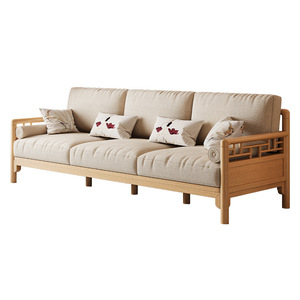 Solid Wood Sofa Three Seater Straight Line New Chinese Style Wooden Hard Sofa Upholstered Foam Filling Living Room Furniture - Product Image 4