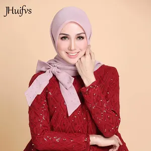 2020 새로운 세련된 솔리드 컬러 리본 다이아몬드 스퀘어 쉬폰 Bawal Hijab 말레이시아 Tudung 패션 여성 스카프 Shawls