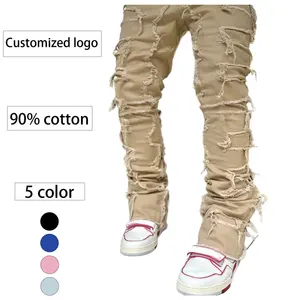 Özelleştirilmiş erkek düz renk düz bacak kot yeni işlemeli delikli pantolon elastik yığılmış denim