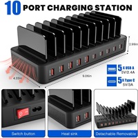 Support de charge de bureau multifonctionnel à 10 positions, 6 ports USB, type-C PD 100W, charge rapide, noir, tablette, téléphone, montre, écouteurs, 3C