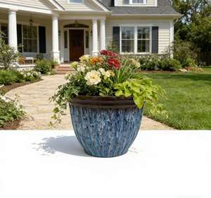 グラデーションブルーのテクスチャードレジン製植木鉢、茶色の縁取り、大口径、屋内外兼用ガーデン用プランター、芸術的な家の装飾に - Product Image 4