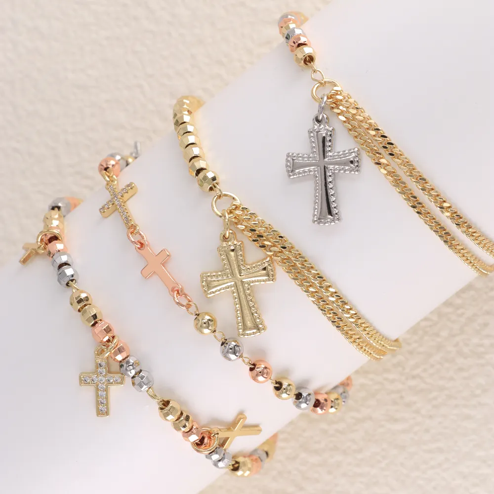 Low Moq Religious Catholic Rosaries Tri Tone Adjustable Bead Bracelets 14k Oro Laminado Rose Gold Rosary Bracelet