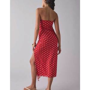 Great Quality <strong>Red</strong> and White <strong>Gingham</strong> Woven Plain Dyed Tube Maxi Dress with Natural Waistline for Flattering Silhouette Big Sizes - Product Image 3