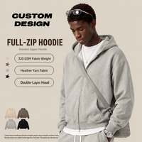 Hoodie Pria Custom Logo Private Label Grosir 320G, Resleting Berkualitas, Model Longgar, Saku Jahit, Warna Solid, Cocok untuk Musim Gugur