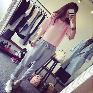 Pink T-Shirt Gray Harem Pants Two-Piece Set Women Casual Knitted Sportswear Short Sleeve Solid Color Splicing Style - Product Image 1