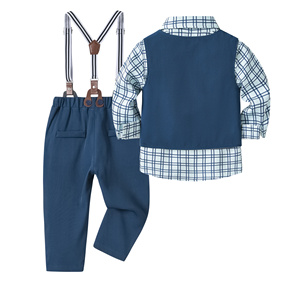 Catpapa Ensemble 4 pièces pour garçons : Gilet, chemise imprimée croix, nœud papillon et pantalon à bretelles rayé – Tenue de cérémonie pour mariage - Product Image 2
