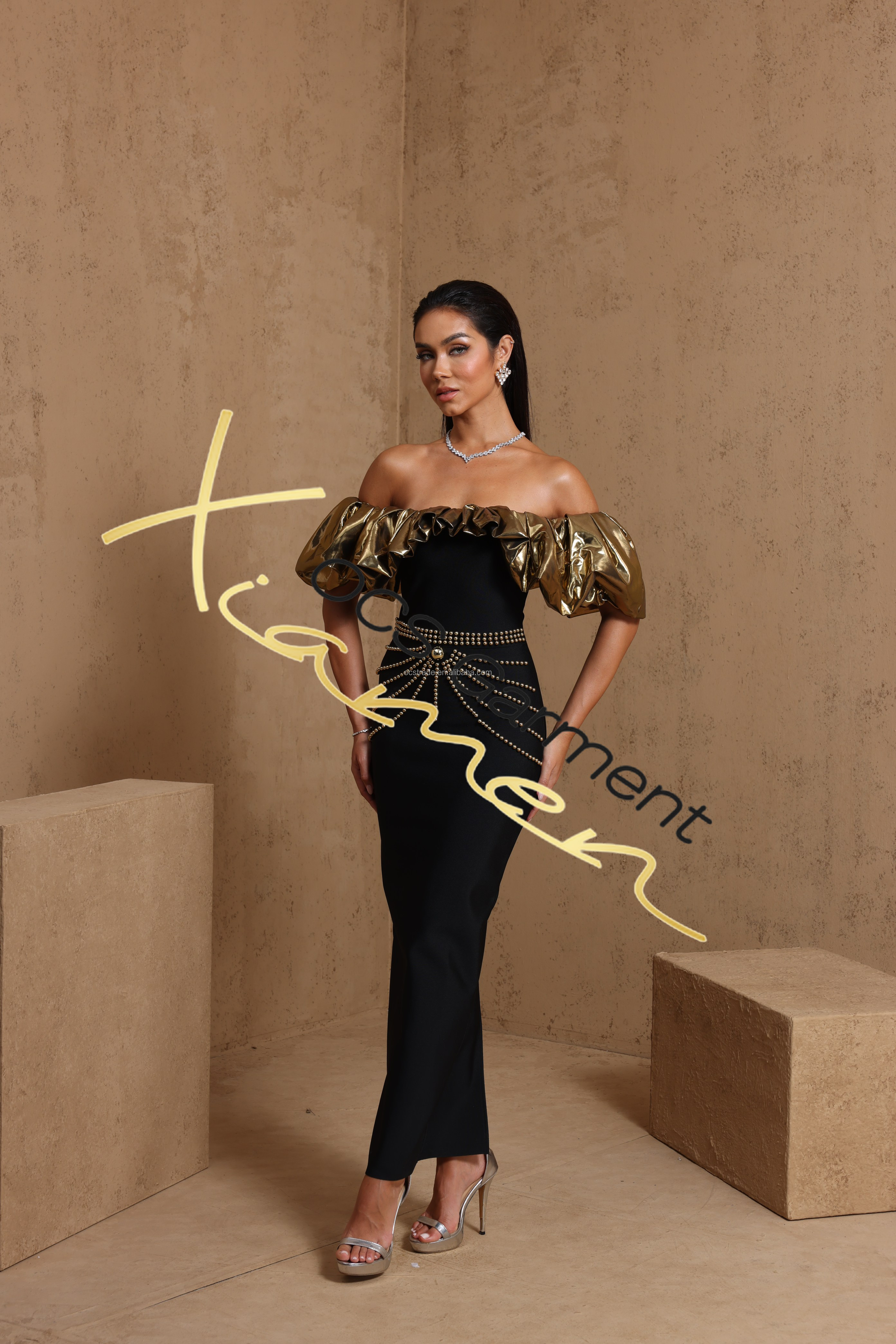 Ocstrade Black Off-shoulder A-line Maxi Dress With Crystal Beading