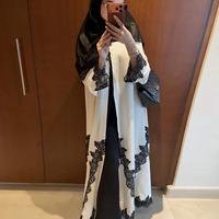 Abaya BulkFashion avec foulard, en satin, bordure en dentelle douce, broderie à motifs moelleux, chemisier à manches longues, kimono ouvert, Abayas musulmanes