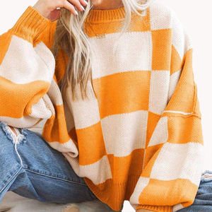 Pull ample à col rond en tricot à motif écossais pour femme, haut en tricot ample à col rond à motif écossais, haut d'extérieur pour femme - Product Image 3