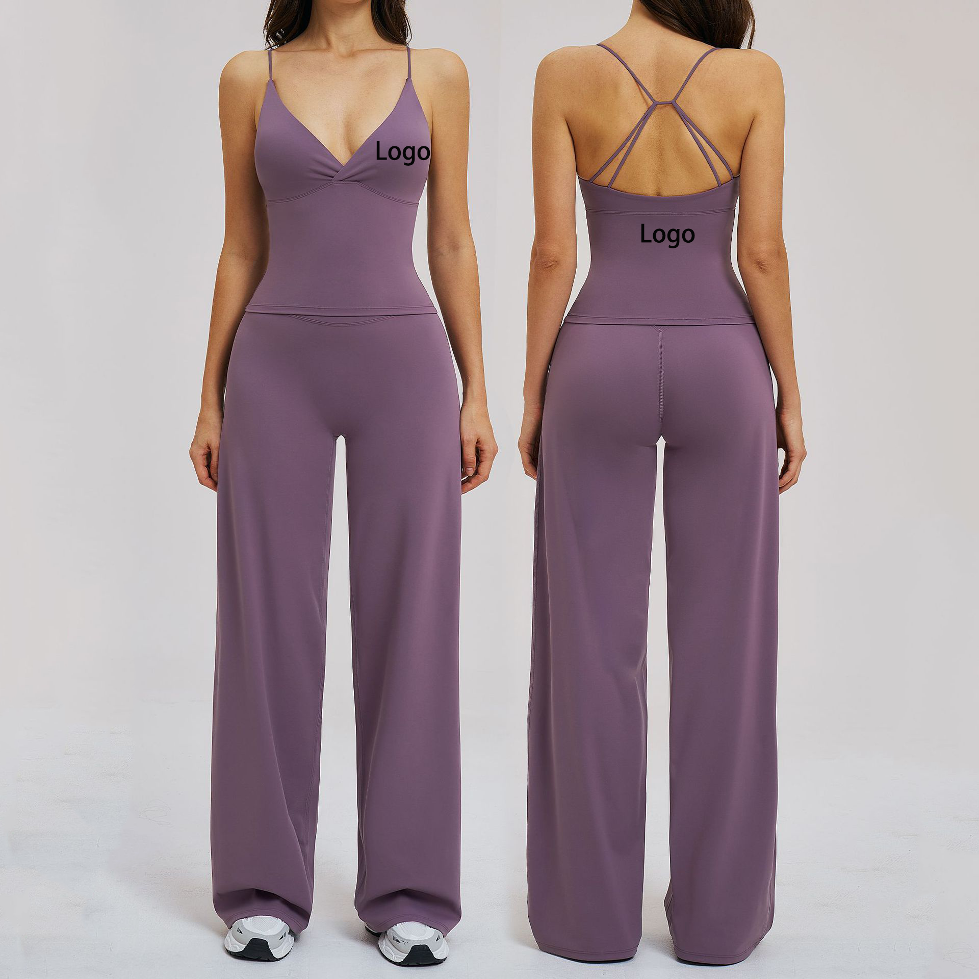 Customized Solid-Color Breathable Yoga Set High-Waisted Wide-Leg Pants Casual Backless Top Fitness Women Quick-Dry Sports Set
