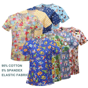 Women's V-Neck <b>Scrub</b> <b>Top</b> 95% Cotton 5% Spandex Elastic Fabric Hospital Uniform Short Sleeve Plus Size - Product Image 1