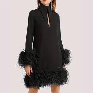 High End Furry Long Sleeved Solid Color Women's Casual Dresses For Evening Party