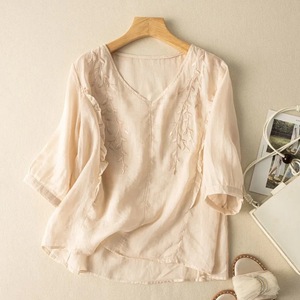 Women's Embroidered Cotton Linen Top Loose Fit Three Quarter Sleeves Vintage Style Casual Blouse Breathable Summer Wear - Product Image 3