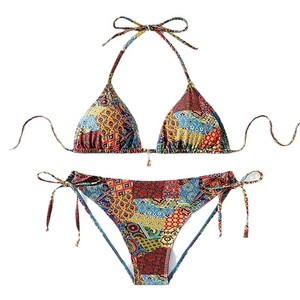 Ensemble <span class=keywords><strong>de</strong></span> bikini bohème imprimé pour femme, haut triangle à nouer avec bas à nouer sur les côtés, maillot <span class=keywords><strong>de</strong></span> <span class=keywords><strong>bain</strong></span> <span class=keywords><strong>de</strong></span> plage - Product Image 1