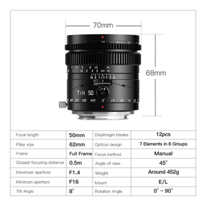 Ttartisan เอียง50มม. F1.4 MF เลนส์กล้องสตูดิโอเต็มกรอบเหมาะสำหรับ SONY E <span class=keywords><strong>Nikon</strong></span> <span class=keywords><strong>Z</strong></span> Fujifilm XF M43 L-mount - Product Image 3