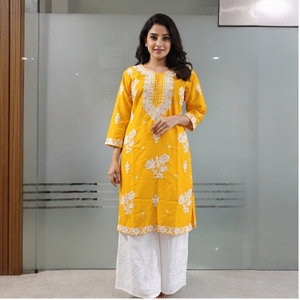 <b>Women</b> Yellow Embroidered <b>Kurta</b> Palazzo Set Cotton Ethnic Wear Traditional Designer Kurti Set for Casual Festive Wear - Product Image 3