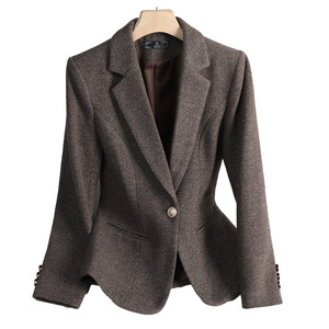 Brown Blazer For Women Solid Color Polyester Worsted Anti-Wrinkle Professional Formal Korean Style Short Slim Fit Autumn <b>Winter</b> - Product Image 5