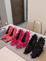 Premium Lolita-Inspiré Designer Noir Satin Stiletto 9cm Slip-On Personnalisé Mince Solide Motif Papillon Accents Satin De Soie