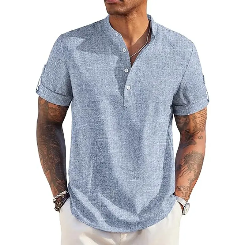 Men's Casual Henley Short Sleeve Collared Linen Shirt Summer Beach Hippie T-Shirt