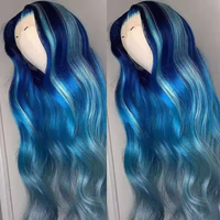 Wig rambut manusia Highlight biru renda depan rambut Virgin mentah pra pencabutan wig renda Frontal lurus sutra tanpa lem untuk wanita