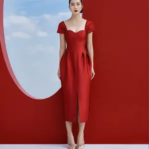 2021 Autumn Women Red Midi Dresses Ladies Clothing Pleat Sleeveless Elegant Dress