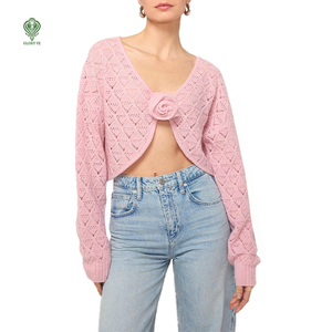 Maglione da Donna Personalizzato all'Ingrosso con Scollo Aperto, Sexy, Fatto a Mano, con Fiori, Crop Top <span class=keywords><strong>in</strong></span> Rete, <span class=keywords><strong>Tulle</strong></span>, Pizzo, <span class=keywords><strong>Maglia</strong></span> Pointelle <span class=keywords><strong>in</strong></span> Cotone e Acrilico - Product Image 1