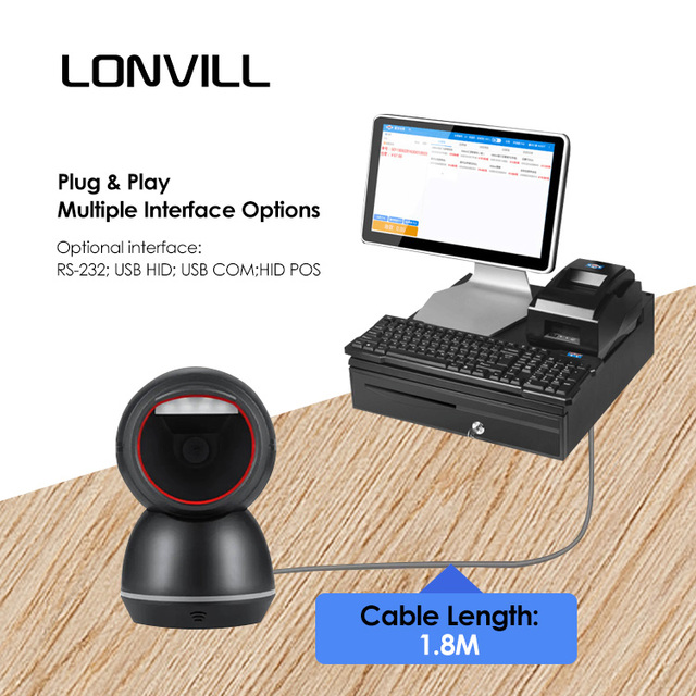 LONVILL Automatic Dormant Mode Energy Saving POS System 1D 2D QR Code Reader for Supermarket Desktop Barcode Scanner