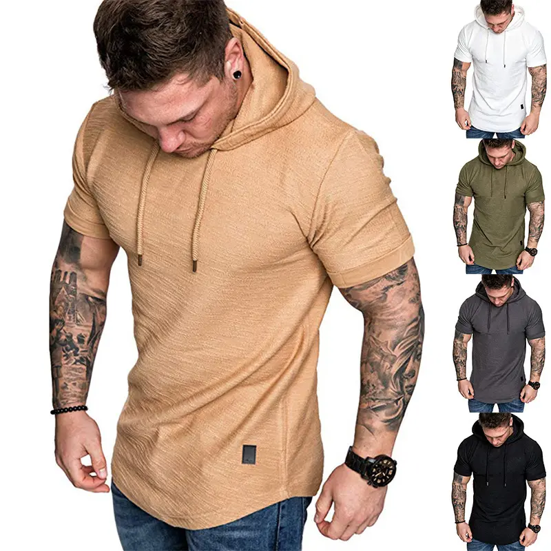 Men's Bamboo Fabric Hooded Short Sleeved T-shirt Round Neck Casual Sports Short-sleeved Men's Hooded Short-sleeved T-shirt